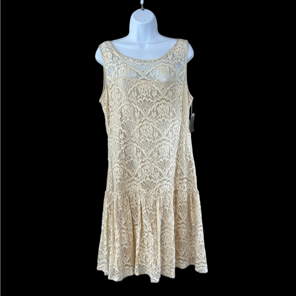 Gabby Skye Cream Lace Overlay Sleeveless Special Occasion Shift Dress Size 14